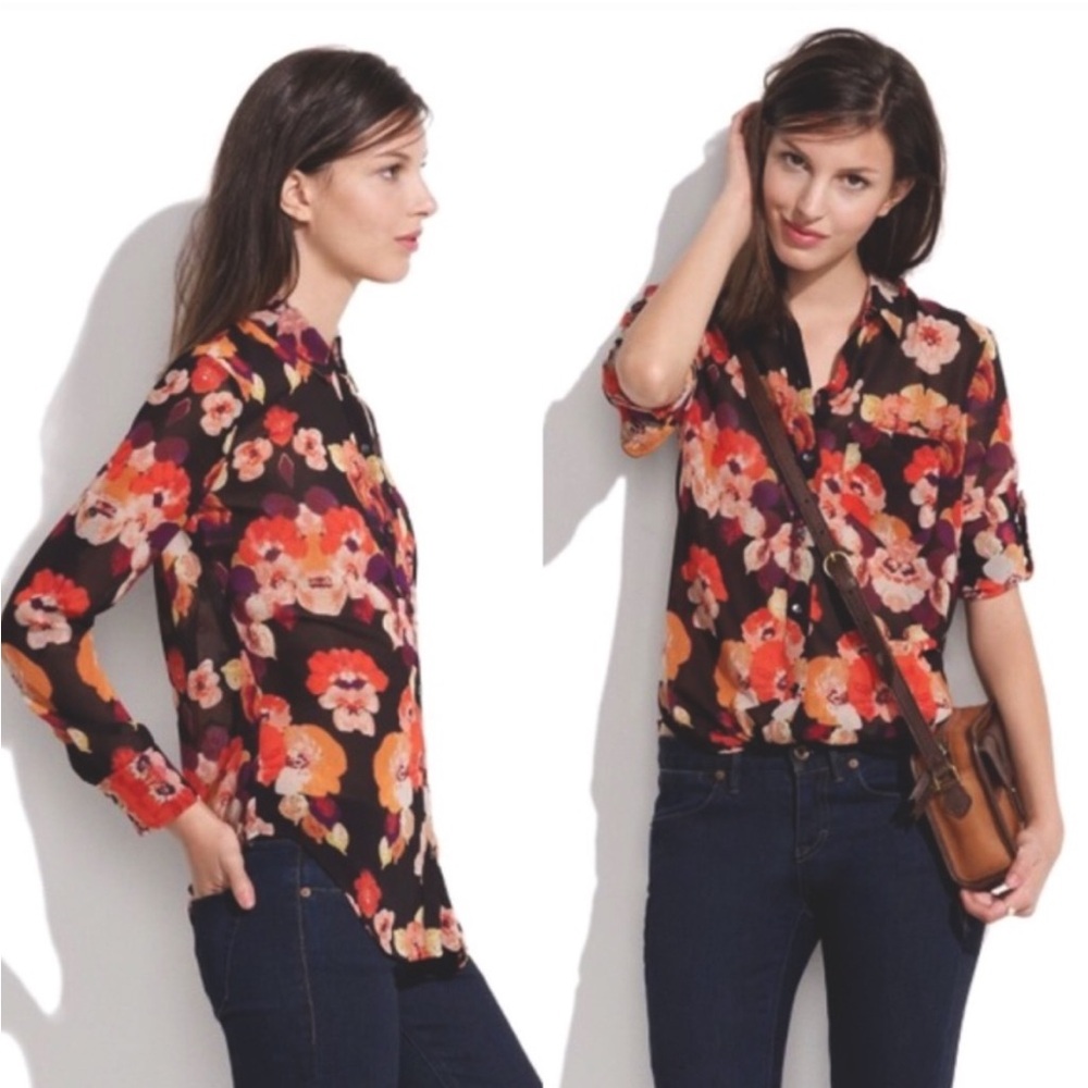 Madewell Mirrorflower button down semi sheer black floral blouse size small